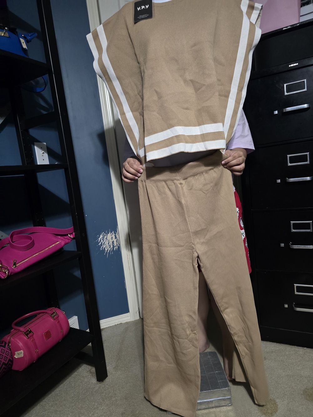 Tan Two-Piece Knit Set with White Stripe Detail
